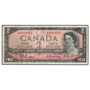 SOLD $2 1954 Bank of Canada Note X/R Prefix Low Serial #53 BC-38b