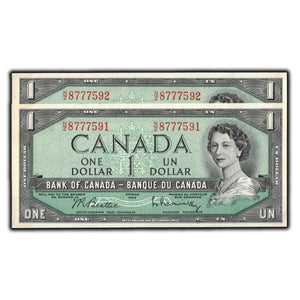 SOLD $1 1954 Bank of Canada Notes N/Z Prefix BC-37b-i - 2 Consecutive