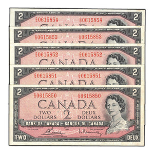 SOLD $2 1954 Bank of Canada Notes C/G Prefix BC-38c - 5 Consecutive