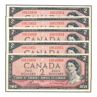 SOLD $2 1954 Bank of Canada Notes C/G Prefix BC-38c - 5 Consecutive
