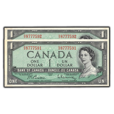 SOLD $1 1954 Bank of Canada Notes N/Z Prefix BC-37b-i - 2 Consecutive