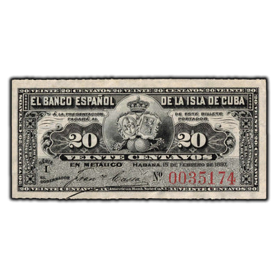 SOLD Cuba El Banco Español 1897 20 Centavos Note P #53a