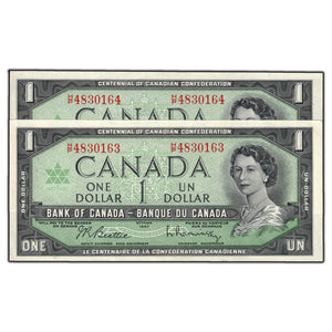 SOLD $1 1967 Bank of Canada Notes H/P Prefix BC-45b-i - Two Consecutive - Lightly Circulated