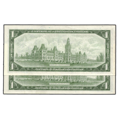 SOLD $1 1967 Bank of Canada Notes H/P Prefix BC-45b-i - Two Consecutive - Lightly Circulated