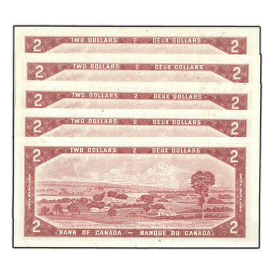 SOLD $2 1954 Bank of Canada Notes C/G Prefix BC-38c - 5 Consecutive