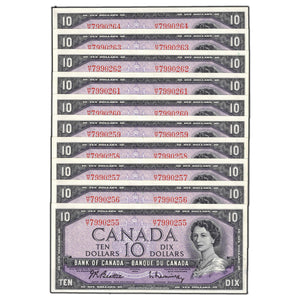 SOLD $10 1954 Bank of Canada Notes H/T Prefix BC-40b - 10 Consecutive