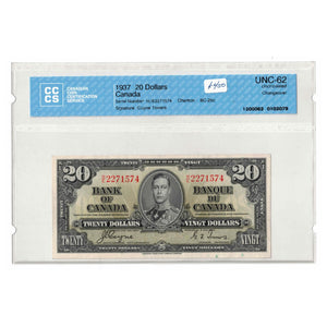 SOLD $20 1937 Bank of Canada Note Coyne-Towers H/E Changeover Prefix BC-25c - CCCS UNC-62