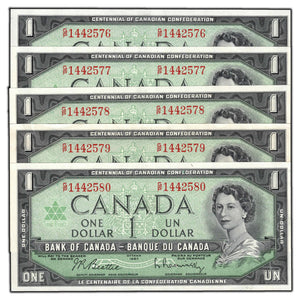 SOLD $1 1967 Bank of Canada Notes G/P Prefix BC-45b-i - 5 Consecutive