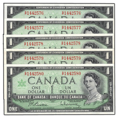 SOLD $1 1967 Bank of Canada Notes G/P Prefix BC-45b-i - 5 Consecutive