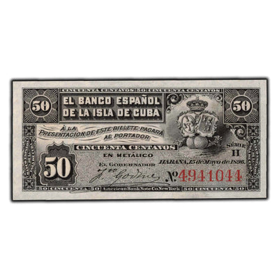 SOLD Cuba El Banco Español 1896 50 Centavos Note P #46a - UNC