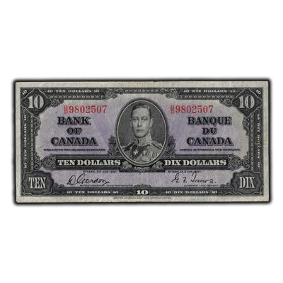 SOLD $10 1937 Bank Of Canada Note Gordon-Towers B/D Prefix BC-24b - VF-20