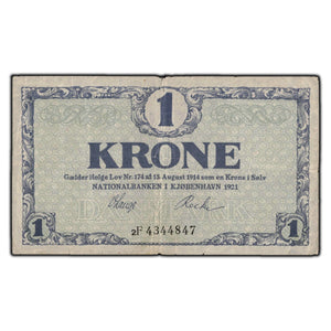 SOLD Denmark 1921 1 Krone Note P #12g - Edge Tears
