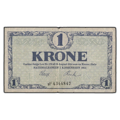 SOLD Denmark 1921 1 Krone Note P #12g - Edge Tears