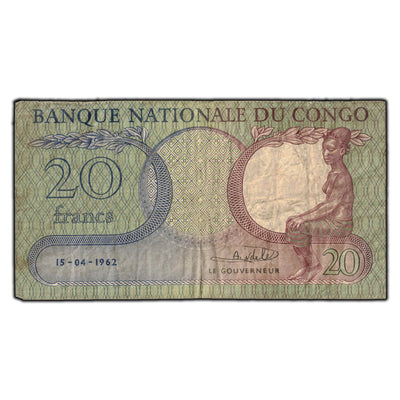 SOLD Congo Democratic Republic 1962 20 Francs Note P #4a