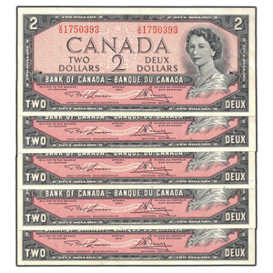 SOLD $2 1954 Bank of Canada Notes V/G Prefix BC-38d - 5 Consecutive