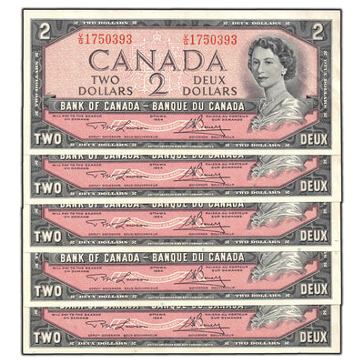 SOLD $2 1954 Bank of Canada Notes V/G Prefix BC-38d - 5 Consecutive