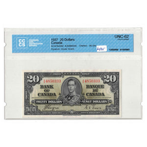 SOLD $20 1937 Bank of Canada Note Coyne-Towers K/E Prefix BC-25c - CCCS UNC-62