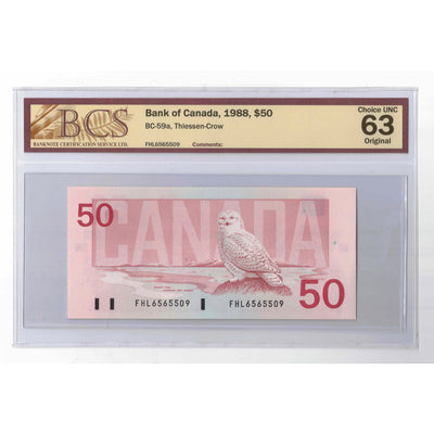 SOLD $50 1988 Bank of Canada Note FHL Prefix - BCS Ch UNC-63