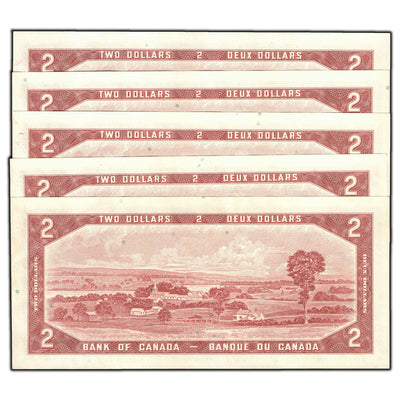 SOLD $2 1954 Bank of Canada Notes V/G Prefix BC-38d - 5 Consecutive
