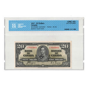 SOLD $20 1937 Bank of Canada Note Coyne-Towers K/E Prefix BC-25c - CCCS UNC-65