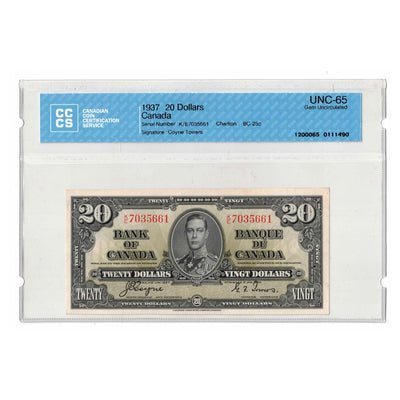 SOLD $20 1937 Bank of Canada Note Coyne-Towers K/E Prefix BC-25c - CCCS UNC-65