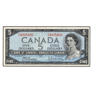 SOLD $5 1954 Bank of Canada Note Beattie-Rasminsky A/X Prefix BC-39b - VF-30