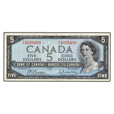 SOLD $5 1954 Bank of Canada Note Beattie-Rasminsky A/X Prefix BC-39b - VF-30