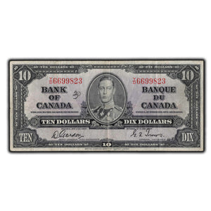 SOLD $10 1937 Bank Of Canada Note Gordon-Towers Y/D Prefix BC-24b - Writing