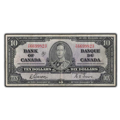 SOLD $10 1937 Bank Of Canada Note Gordon-Towers Y/D Prefix BC-24b - Writing