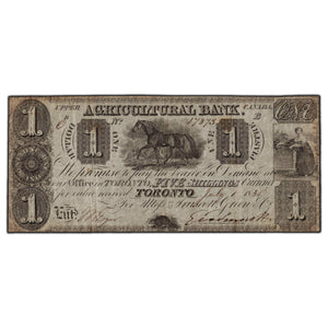 SOLD $1 1835 Agricultural Bank Upper Canada Note - Circulated