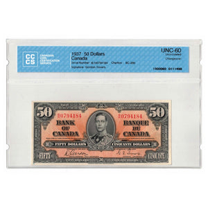 SOLD $50 1937 Bank of Canada Note Gordon-Towers B/H Prefix BC-26b - CCCS UNC-60