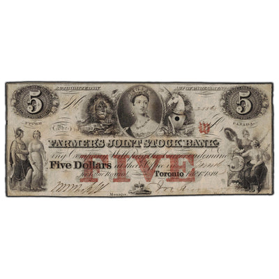 SOLD $5 1849 Farmers Joint Stock Bank Upper Canada Note - Hole