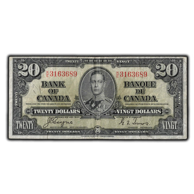SOLD $20 1937 Bank Of Canada Note Coyne-Towers K/E Prefix BC-25c - Light Writing