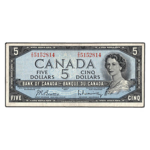 SOLD $5 1954 Bank of Canada Note Beattie-Rasminsky Z/S Prefix BC-39b