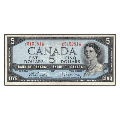 SOLD $5 1954 Bank of Canada Note Beattie-Rasminsky Z/S Prefix BC-39b