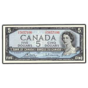 SOLD $5 1954 Bank of Canada Note Bouey-Rasminsky T/X Prefix BC-39c - AU-55