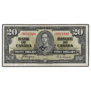 SOLD $20 1937 Bank of Canada Note Coyne-Towers J/E Prefix BC-25c - VF-20