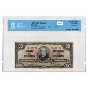 SOLD $100 1937 Bank of Canada Note Gordon-Towers B/J Prefix BC-27b - CCCS UNC-60