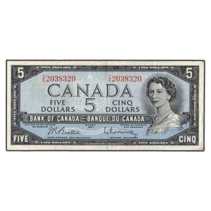 SOLD $5 1954 Bank of Canada Note Beattie-Rasminsky T/S Prefix BC-39b - VF+