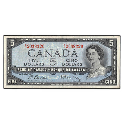 SOLD $5 1954 Bank of Canada Note Beattie-Rasminsky T/S Prefix BC-39b - VF+