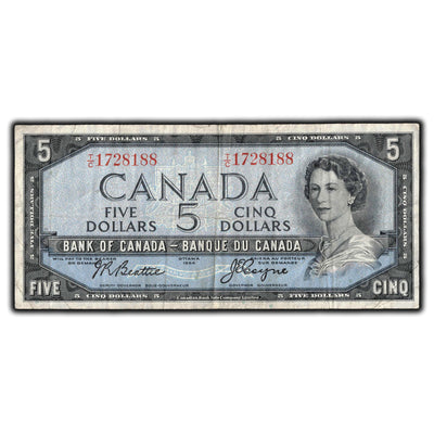 SOLD $5 1954 Bank of Canada Note Beattie-Coyne T/C Prefix BC-39a-i - VF-20