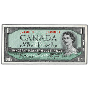 SOLD $1 1954 Bank of Canada Note Beattie-Coyne H/L Prefix BC-37a - AU-55