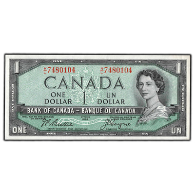 SOLD $1 1954 Bank of Canada Note Beattie-Coyne H/L Prefix BC-37a - AU-55