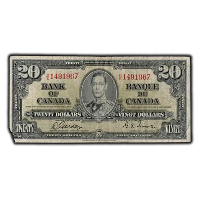 SOLD $20 1937 Bank Of Canada Note Gordon-Towers H/E Prefix BC-25b - Missing Corner