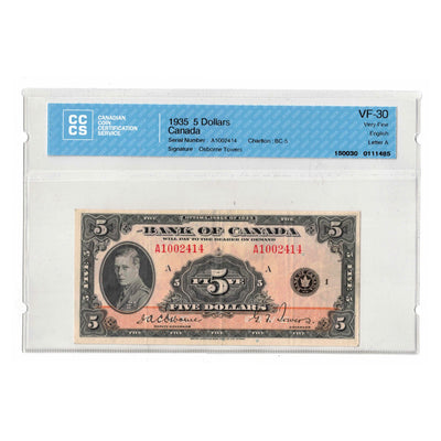 SOLD $5 1935 Bank of Canada Note English Text BC-5 - CCCS VF-30