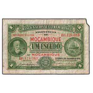 SOLD Mozambique 1941 1 Escudo Note P #81 - Missing Corner