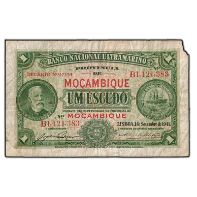SOLD Mozambique 1941 1 Escudo Note P #81 - Missing Corner