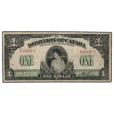 SOLD $1 1917 Dominion Of Canada Note Boville Suffix C DC-23a - VG-10