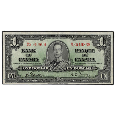 SOLD $1 1937 Bank Of Canada Note H/A Narrow Panel Prefix BC-21c - VF-30