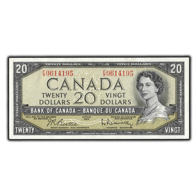 SOLD $20 1954 Bank Of Canada Note Beattie-Rasminsky F/W Prefix BC-41b - UNC (staple holes)